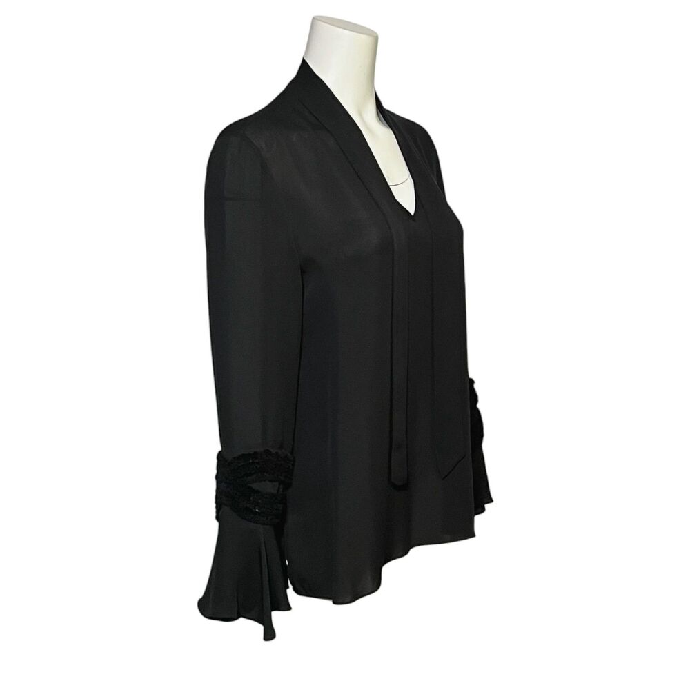 Kobi Halperin Silk Blouse Black Tie Neck Sheer Fringe Bell Sleeve Size M - Picture 4 of 9